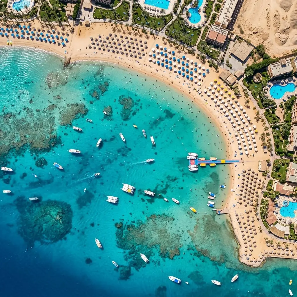 Aerial view of Hurghada resort coastline with turquoise Red Sea water — Egypt tours and holiday destination